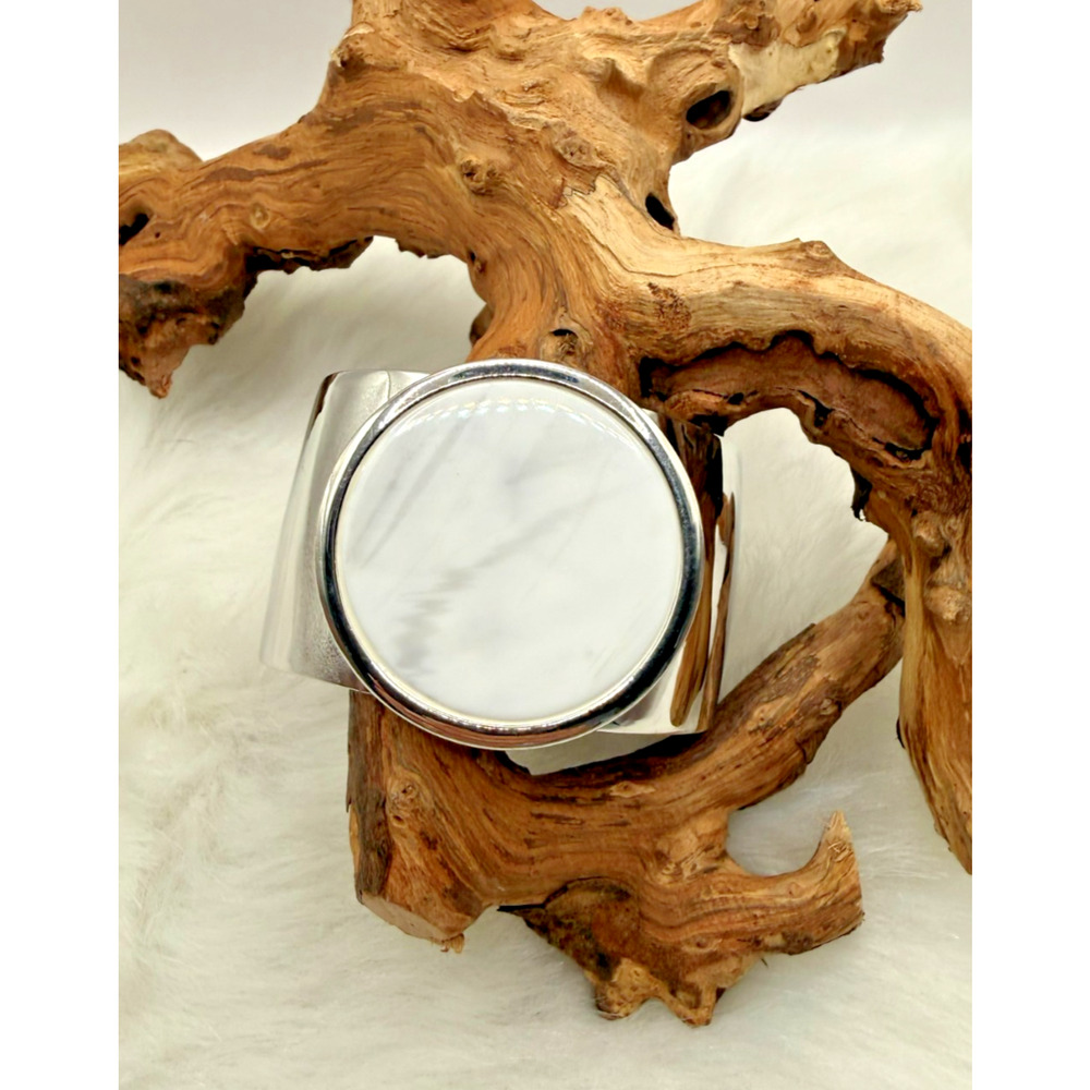 H By Halston Silver Tone Hinged Cuff Bracelet W/Marble Color Stone